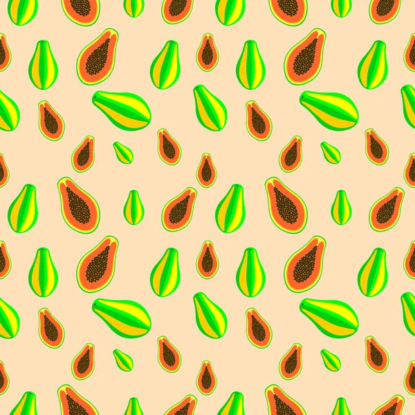 Modèle vectoriel sans couture, fond symétrique de fruits lumineux avec papaye en gros plan, entier et demi — Image vectorielle