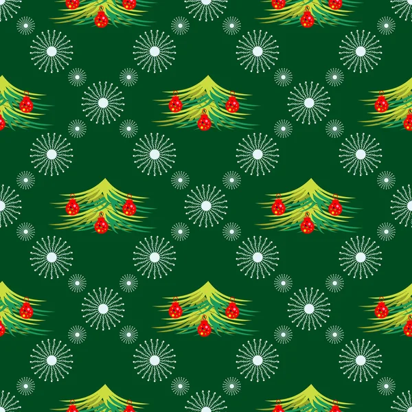 Seasonal winter green background with symmetrical snowflakes and fir-trees, decorated with Christmas toys. — Stockvector