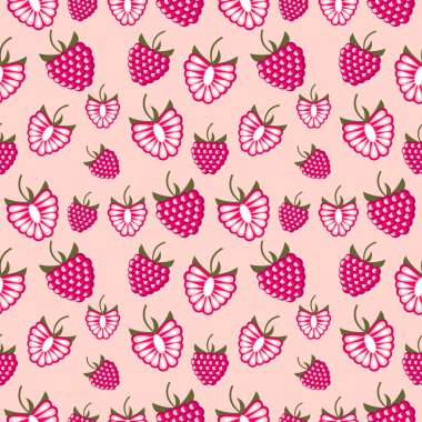 Sorunsuz meyve vektör desen, ahududu, bütün ve yarı parlak renk kaotik arka plan