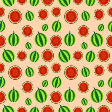Seamless fruits vector pattern, bright color background with watermelons, whole and half, over pink backdrop
