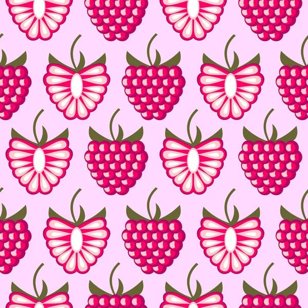 Patrón de vectores de frutas sin costuras, fondo de color brillante con frambuesas, enteras y medias — Vector de stock