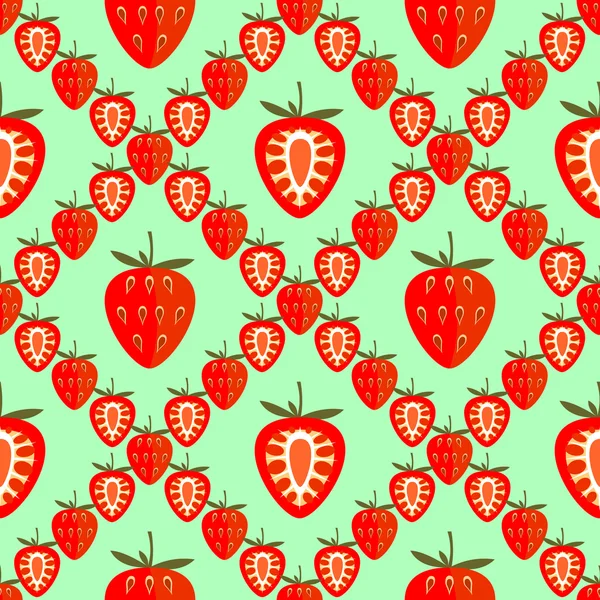 Patrón de vectores de frutas sin costuras, fondo geométrico de color brillante con fresas, enteras y medias — Vector de stock