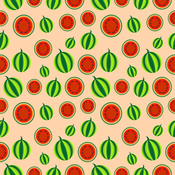 Seamless fruits vector pattern, bright color background with watermelons, whole and half, over pink backdrop — 스톡 벡터