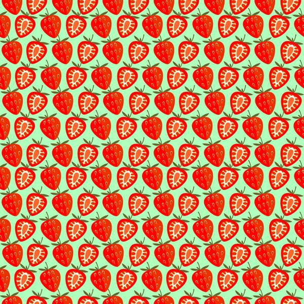 シームレスなフルーツ ベクトル パターン、イチゴ、全体半分と明るい色の対称的な背景 — ストックベクタ