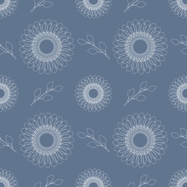 Dikişsiz çiçek vektör deseni; çiçek ve yaprakları ile simetrik soyut arka plan; mavi zemin üzerinde