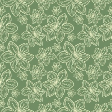 Seamless vector flowers pattern, vintage background with line drawed frowers, over pastel green backdrop