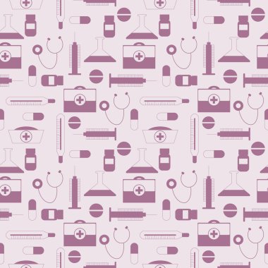 Seamless vector pattern, light pink background with medical tools and pills