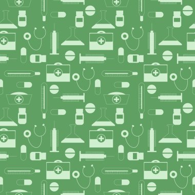 Seamless vector pattern,green symmetrical background with medical tools and pills
