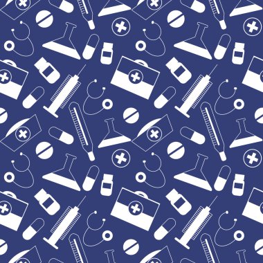 Seamless vector pattern, dark blue chaotic background with medical tools and pills.
