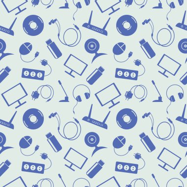 Sorunsuz teknoloji vektör desen, kaotik arka plan ile Pc, monitör, kulaklık, disk, yönlendirici, soket, pil, Usb flash sürücü, web kamera, mikrofon mavi kutsal kişilerin resmi