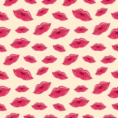 Seamless vector pattern, bright background with lips, red close-up silhouette over pink backdrop