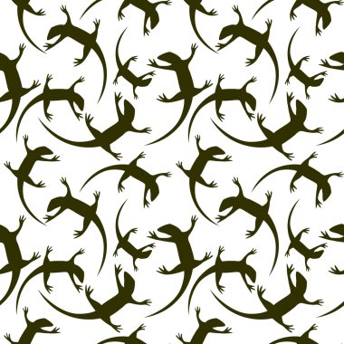 Seamless animal vector pattern, chaotic background with dark reptiles, silhouettes over white backdrop