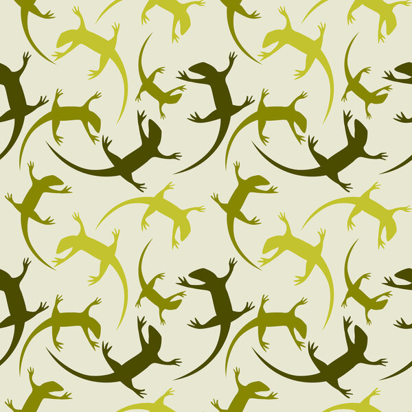 Seamless animal vector pattern, chaotic background with colorful reptiles, silhouettes over light green backdrop