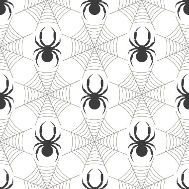 Böcekler, örümcekler ve örümcekler web ile simetrik geometrik siyah ve beyaz arka plan ile sorunsuz vektör desen