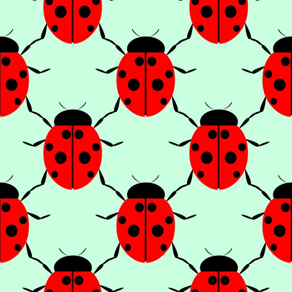 Seamless vector pattern with insects, symmetrical background with bright close-up ladybugs, over light green backdrop — 스톡 벡터