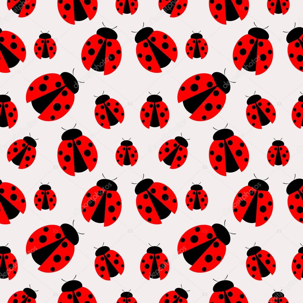 Seamless vector pattern with insects, chaotic background with bright close-up ladybugs