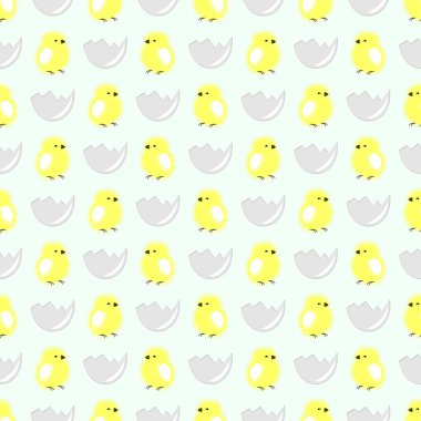 Seamless vector pattern with animals, cute background with little chickens in the shell, over light backdrop
