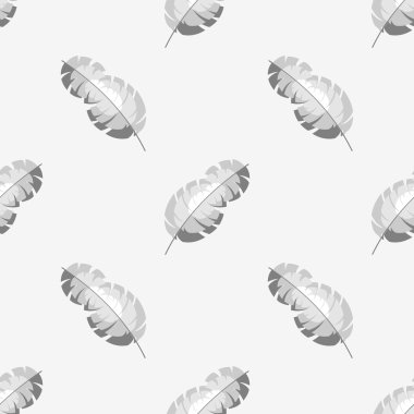 Seamless vector pattern, grey background with feathers, over white backdrop