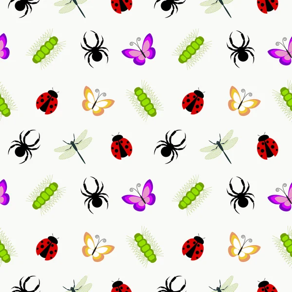 Nahtloses Vektormuster mit Insekten, niedlicher bunter Hintergrund mit Spinnen, Marienkäfern, Raupen und Schmetterlingen vor weißem Hintergrund — Stockvektor