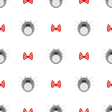 Seamless vector pattern with animals, cute symmetrical background with cats. thick grey striped kittens with red bows over white backdrop