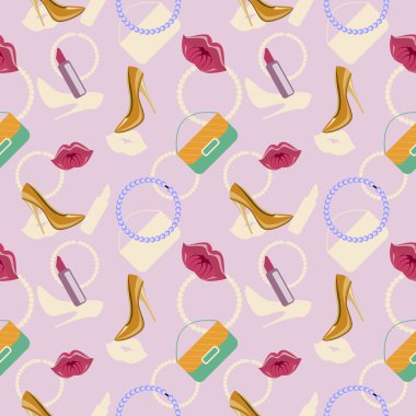 Seamless fashionable vector pattern, chaotic background with shoes, clutches, beads, lipstick and lips, over pink backdrop
