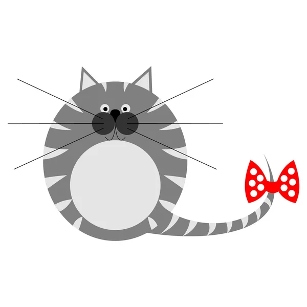 Ilustración vectorial, lindo gato de rayas grises gruesas con lazo rojo, aislado sobre fondo blanco — Vector de stock