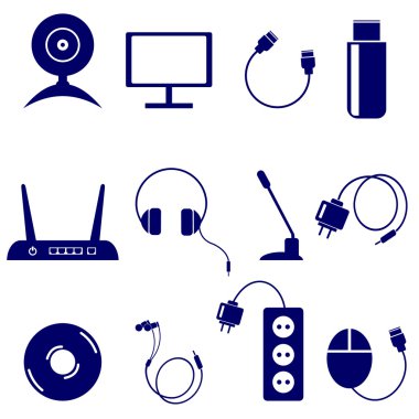 Vector set of technology icons: monitor, web camera, usb, flash drive, battery, disk, adapter, headphones, microphone, pc mouse, router, isolated on the white background