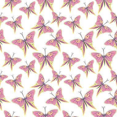 Seamless vector pattern with insects, chaotic background with colorful butterflies over light backdrop