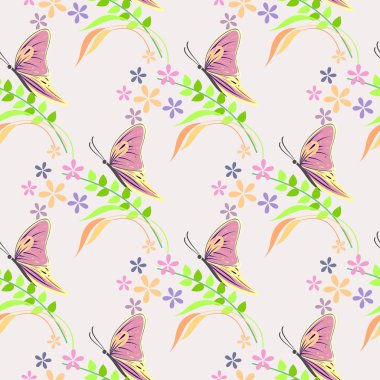 Seamless vector pattern with insects, background with colorful butterflies, flowers and branches with leaves over light backdrop