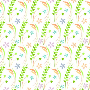Seamless vector pattern, green floral symmetrical background with leaves and flowers