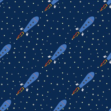 Seamless vector pattern, bright symmetrical background with rockets on the starry sky backdrop