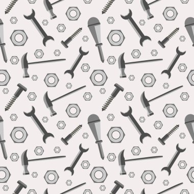 Seamless vector pattern with tools. Chaotic baackground with screws, nuts, hammers, wrenches and screwdrivers on the grey backdrop