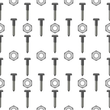 Seamless vector pattern with tools. Symmetrical background with nails and nuts on the white backdrop.
