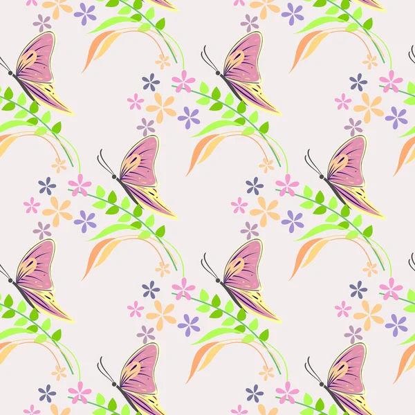 Seamless vector pattern with insects, background with colorful butterflies, flowers and branches with leaves over light backdrop — 图库矢量图片