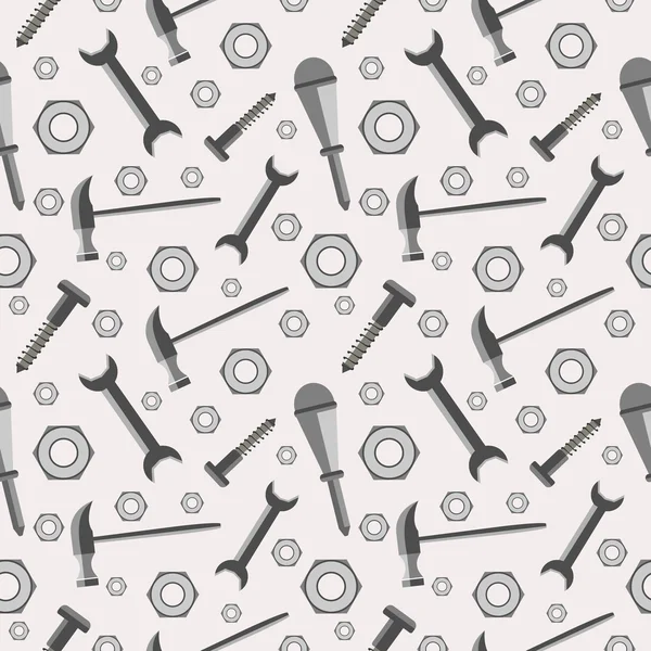 Seamless vector pattern with tools. Chaotic baackground with screws, nuts, hammers, wrenches and screwdrivers on the grey backdrop — Stockový vektor