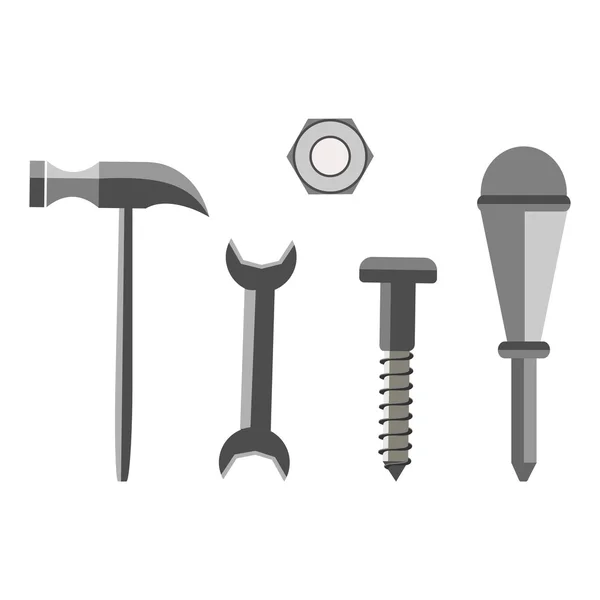 Векторная иллюстрация различных инструментов. Винт, гайка, молоток, гаечный ключ и отвертка, изолированные на белом фоне . — стоковый вектор