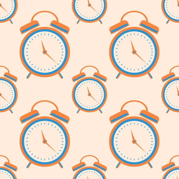 Seamless vector pattern. Symmetrical background with orange closeup alarm clocks on the light background. — Stock vektor