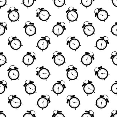 Seamless vector pattern. Symmetrical background with black alarm clocks on the white background.
