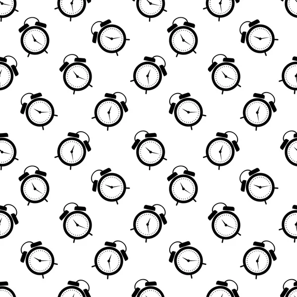 Seamless vector pattern. Symmetrical background with black alarm clocks on the white background. — Stockový vektor