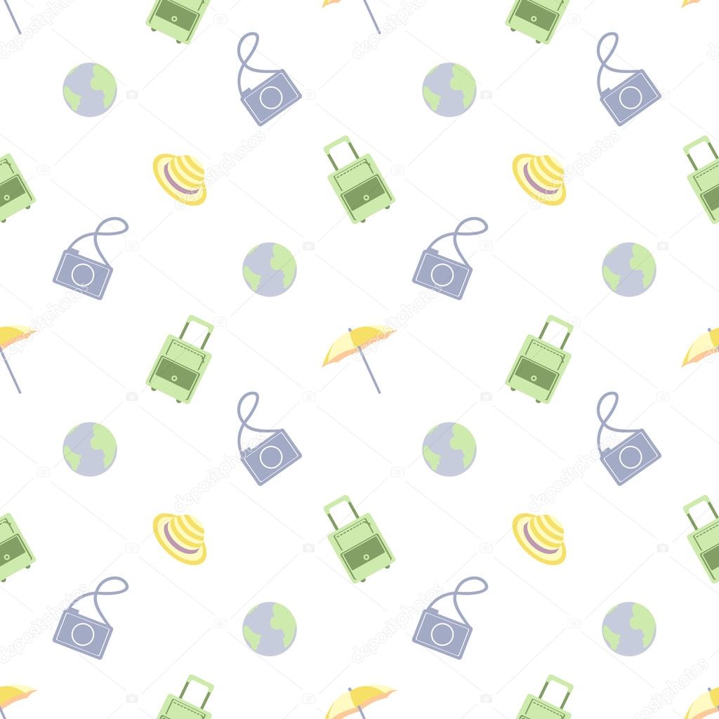 Vector seamless travel pattern with bag, umbrella, camera, globe and cap, over light background