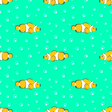 Balıklar sarı ve yeşil arka plan üzerinde kabarcıklar ile sorunsuz vektör desen