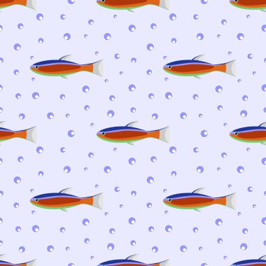 Seamless vector symmetrical pattern with colorful fishes and bubbles, on the light background