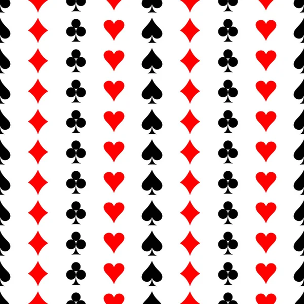 Bezešvá vektorová vzor. Symetrické pozadí s červenými a černými ikony herních karet, na bílém pozadí — Stockový vektor