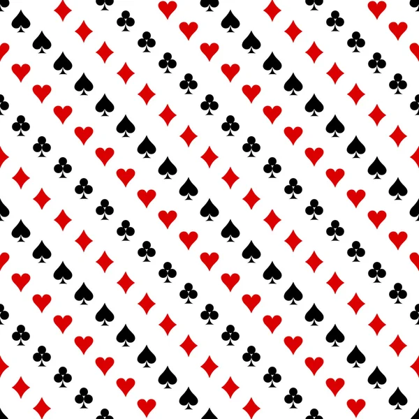 Patrón de vector sin fisuras. Fondo simétrico con iconos rojos y negros de las cartas de juego, sobre el fondo blanco — Vector de stock