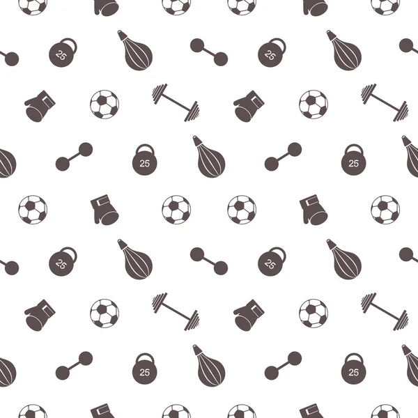 Seamless vector pattern.  Background with grey sports equipment. Soccer ball, punching bag, gloves, barbells, dumbbells and weight.