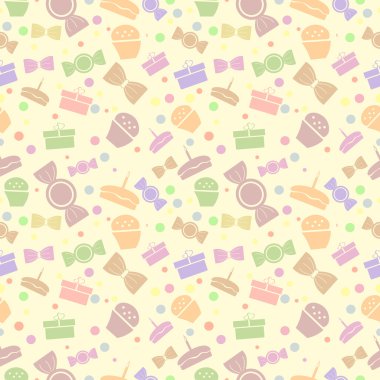 Sorunsuz vektör desen. Renkli tatlılar ve hediyeler hafif Sarı zemin üzerinde pastel kaotik arka plan