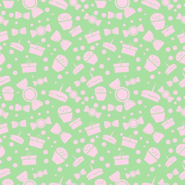 Sorunsuz vektör desen. Pembe tatlılar ve hediyeler yeşil fon kaotik pastel arka plan