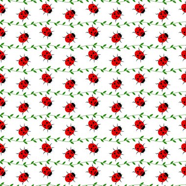 Böcekler, parlak küçük ladybugs ile simetrik arka plan ve beyaz fon yapraklarla dalları ile sorunsuz vektör desen