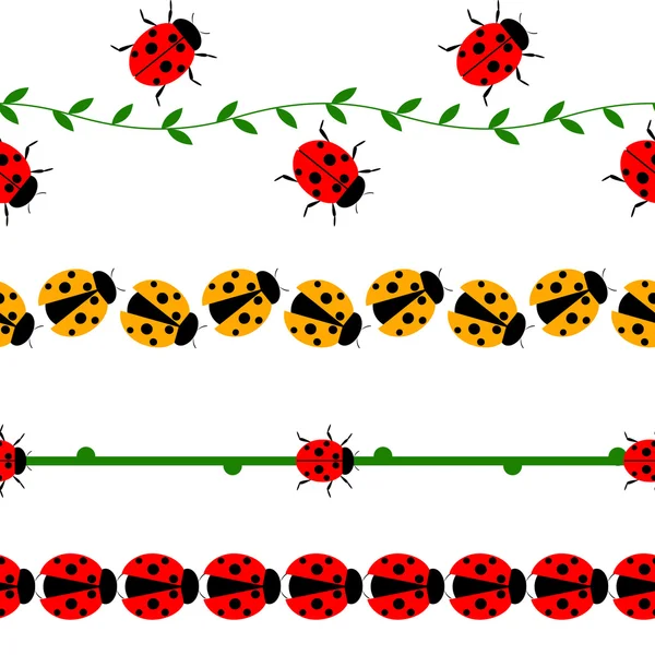 Linea senza cuciture vettoriale con insetti. Set di elementi per il design, bordi con coccinelle, rami e foglie, isolati sullo sfondo bianco . — Vettoriale Stock