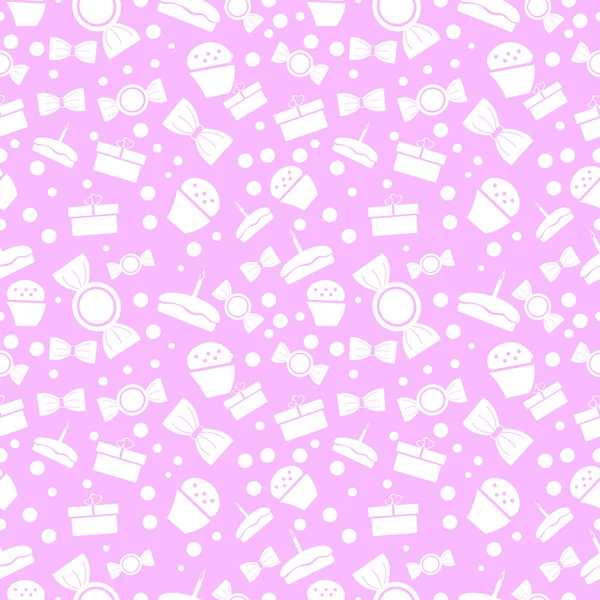 Безшовний векторний малюнок. Хаотичний пастельний фон з білими цукерками та подарунками на рожевому тлі — стоковий вектор
